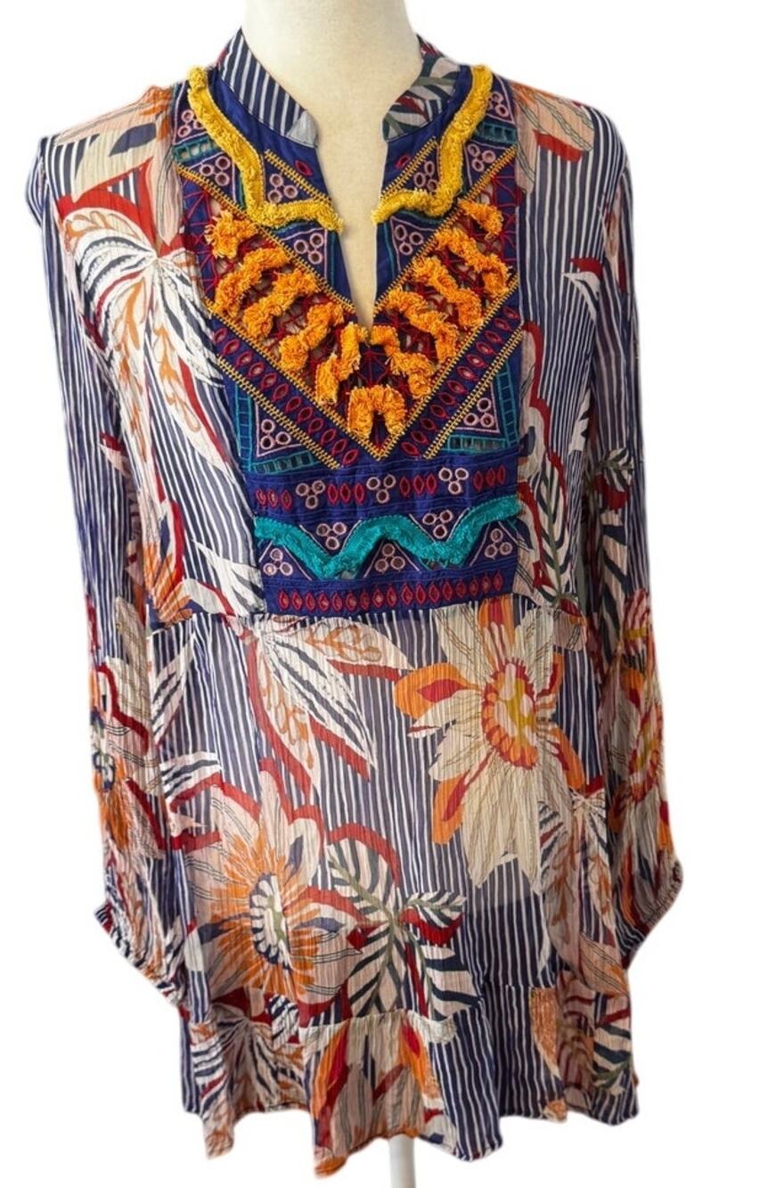 Soft Surroundings Embroidered Tunic Top, Navy Stripe & Floral Print, Size L